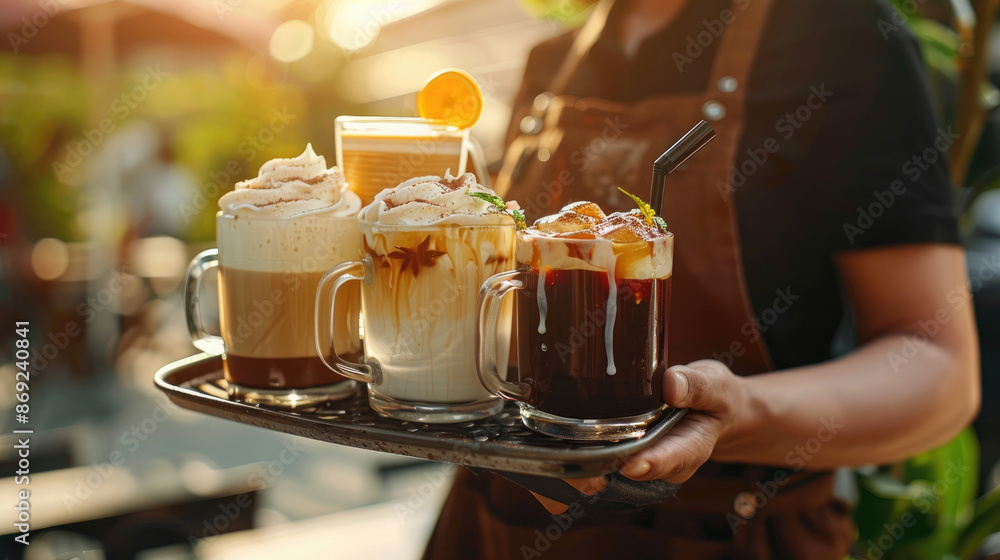 A photo shows someone holding out a tray with different types of cold coffee drinks, a hot drink, and an ice latte on top A photo shows someone holding out a tray with different types of cold coffee drinks, a hot drink, and an ice latte on top
