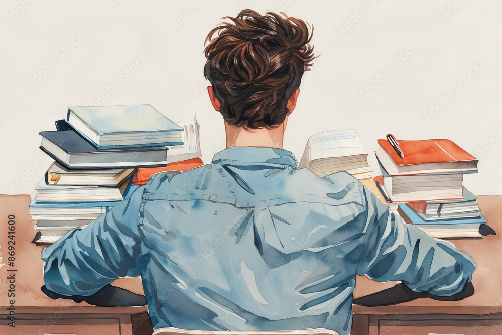 Student studying with books in library, back view. Focused on learning and education. Academic dedication - watercolor illustration. Student studying with books in library, back view. Focused on learning and education. Academic dedication - watercolor illustration.
