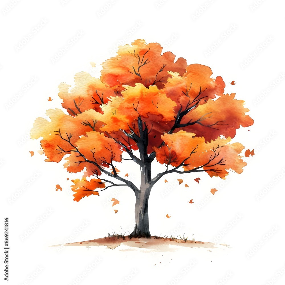 Fototapeta premium Vibrant Autumnal Tree Watercolor Painting with Warm Rustic Countryside Tones