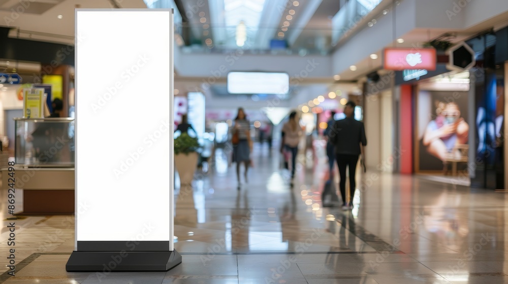 Poster stand mockup in a shopping center or mall environment using a wide banner with blank areas for copy space - Stock image Poster stand mockup in a shopping center or mall environment using a wide banner with blank areas for copy space - Stock image