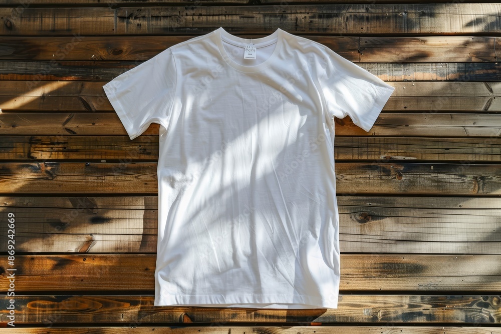 Using a textured wooden background, this white t-shirt photo mockup combines simplicity and elegance Using a textured wooden background, this white t-shirt photo mockup combines simplicity and elegance