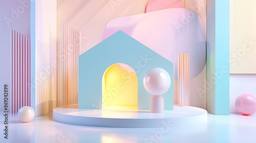 Minimalist pastel house with geometric shapes spheres futuristic design © JS_Stock