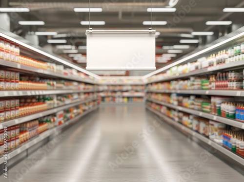 An attached banner or wobbler on supermarket shelves. 3D rendering of the display.