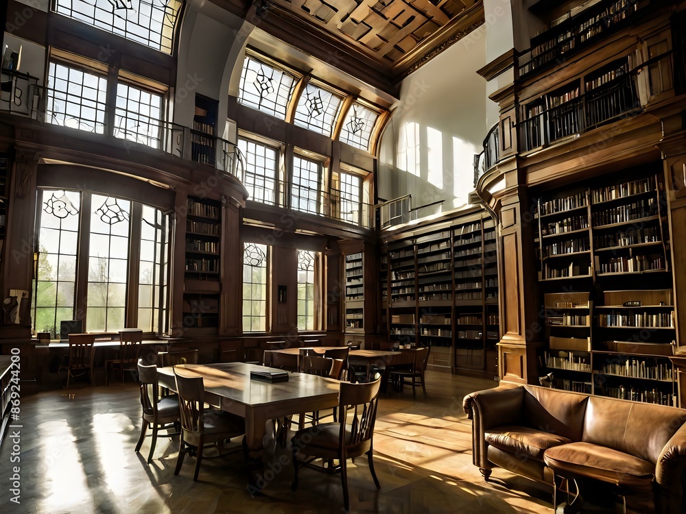A large and luxurious library with tables and chairs with a large fireplace in the center A large and luxurious library with tables and chairs with a large fireplace in the center