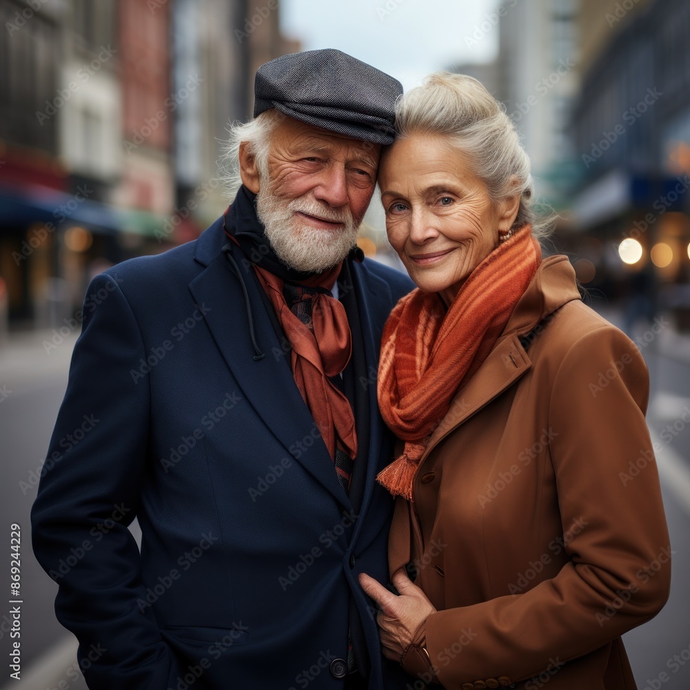 Two stylish elderly aged people, casual clothes, man woman hugging couple, city street, streetstyle Two stylish elderly aged people, casual clothes, man woman hugging couple, city street, streetstyle