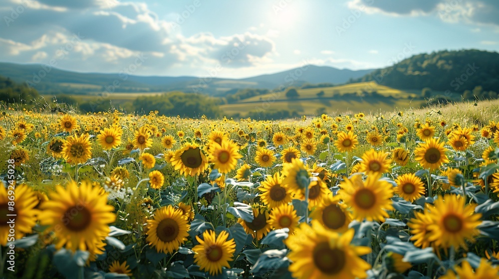 Fototapeta premium Sunflower field under blue sky with mountains in the background.
