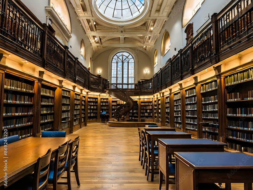 A large and luxurious library with tables and chairs with a large fireplace in the center A large and luxurious library with tables and chairs with a large fireplace in the center