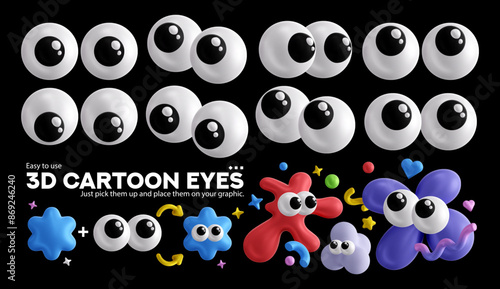 Cartoon 3D eyes. Glossy eyeballs for the character looking forward and to the sides. Vector set of different eye graphics
