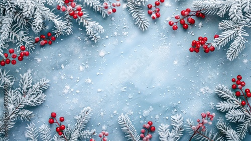 Winter berries and evergreen branches on a snowy surface creating a festive and wintry scene photo