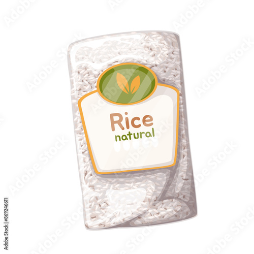 Package with Rice natural text on label, cartoon supermarket packaging. Transparent polythene bag with raw rice grains, cereal food ingredient mascot, cartoon plastic pack vector illustration