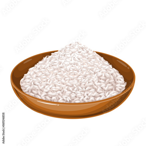 White rice in bowl, cartoon dry raw grains pile. Brown wooden cup with premium rice farm product, cereal harvest of agriculture mascot, cartoon traditional Asian food ingredient vector illustration