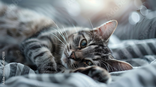 cat stretching on windowsill, sun rays coming in,A tabby cat sitting against the background of fresh green,an orange tabby cat is sitting on a couch in front of a window,ginger cat lying on bed     © samar