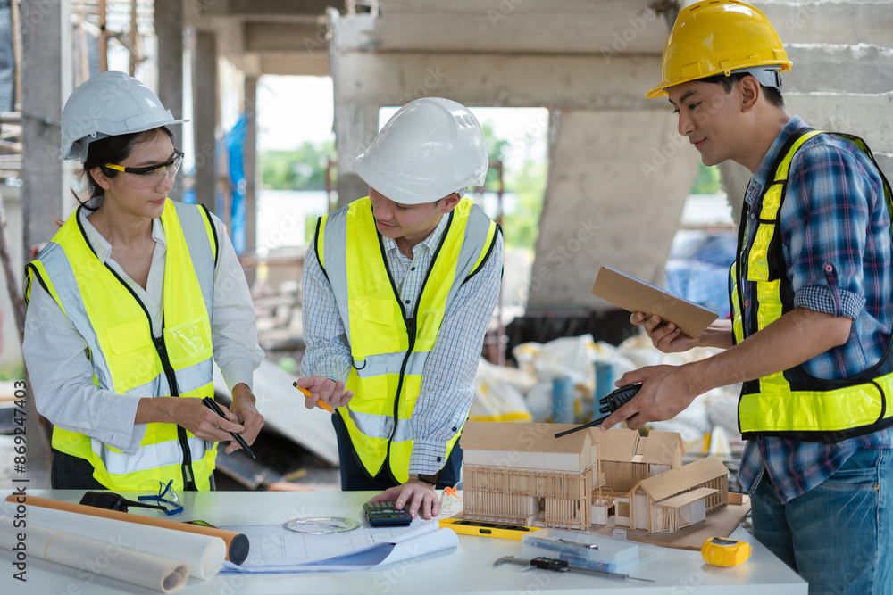 civil engineer and worker discussing issues at the construction site in the morning. civil engineer and worker discussing issues at the construction site in the morning.