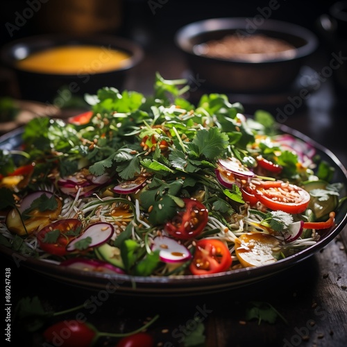 A beautifully plated wild herb salad with sautéed Lupino, cucumber slices, cherry tomatoes, red bell peppers, and radishes. A vibrant and nutritious dish for any meal
