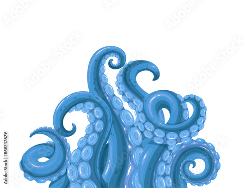 Octopus cartoon tentacles waving from border. Underwater fantasy monster decoration, arms and legs of marine kraken with suckers. Scary legends mascot, cartoon giant octopus vector illustration