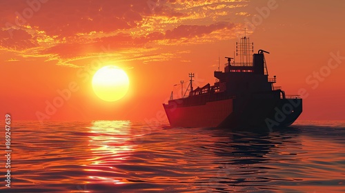 A large cargo ship sails on the ocean at sunset.