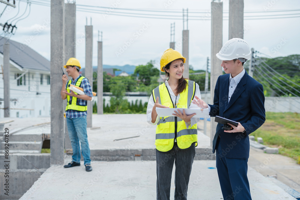 Construction engineers discussion with architects at construction site or building site. Construction engineers discussion with architects at construction site or building site.