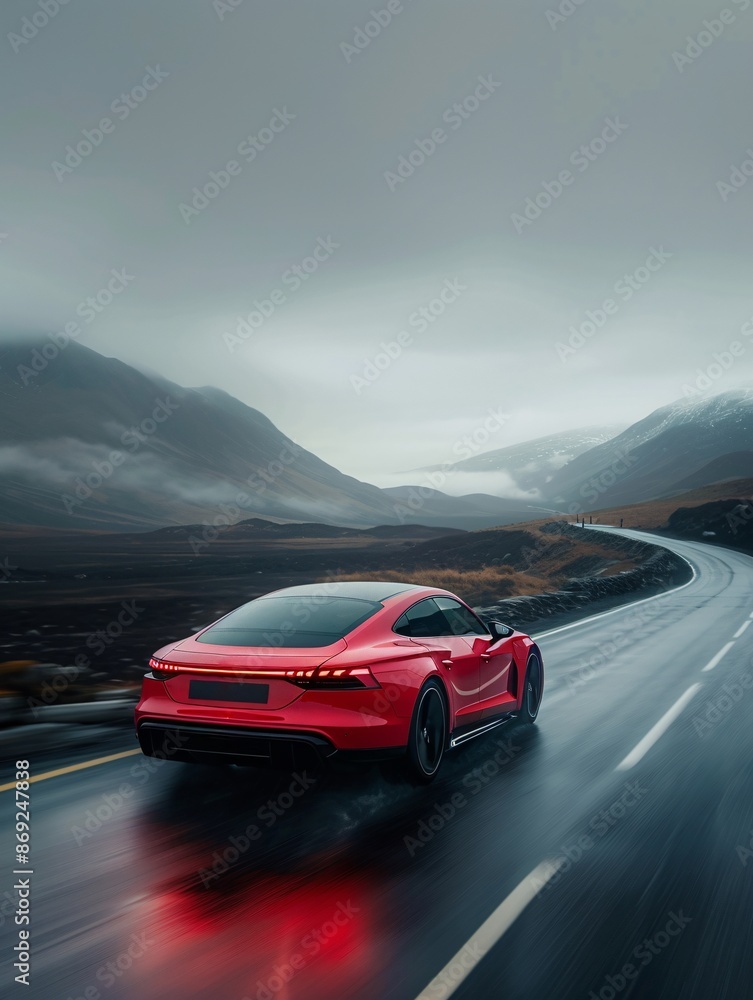 Naklejka premium A captivating video for a new car model, showcasing its features through a scenic road trip, with dynamic driving shots, interior close-ups, and a focus on performance and luxury