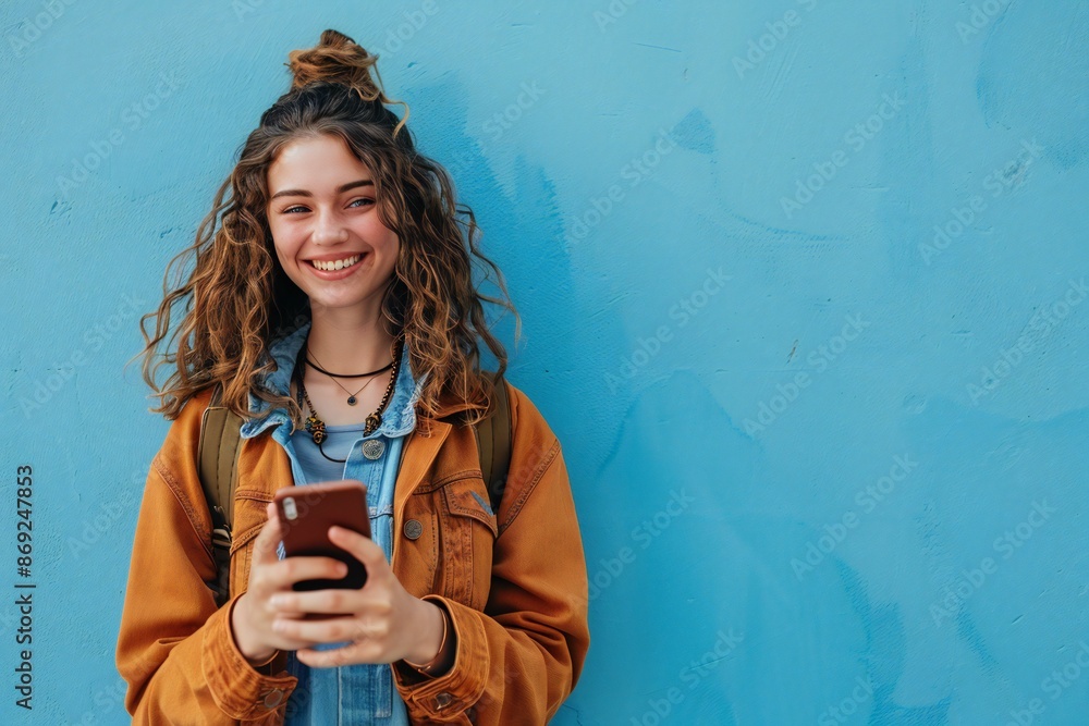 Fototapeta premium Photo of cheerful generation z american girl holding smartphone in hands smiling isolated on blue color background