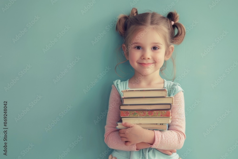 Happy little girl hugging books Happy little girl hugging books