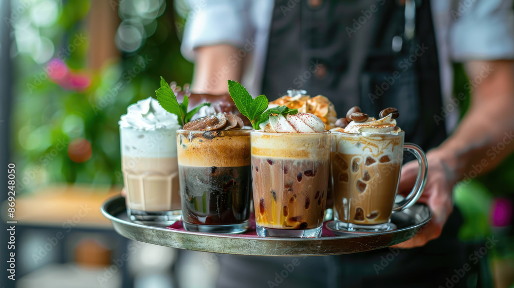 A photo shows someone holding out a tray with different types of cold coffee drinks, a hot drink, and an ice latte on top A photo shows someone holding out a tray with different types of cold coffee drinks, a hot drink, and an ice latte on top
