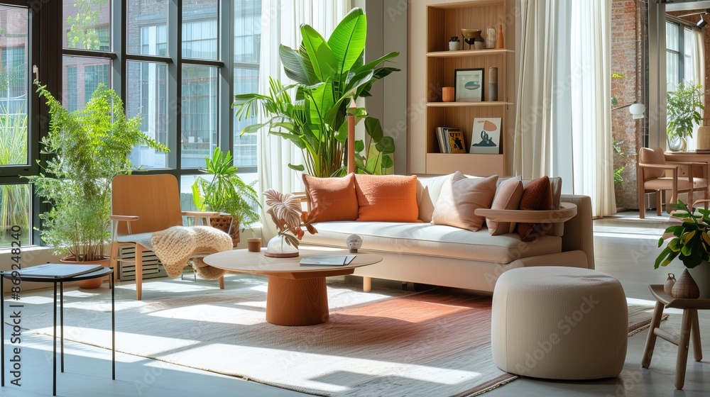 Fototapeta premium A modern living room with large windows, indoor plants, and minimalist furniture. The room features a beige sofa with orange and beige cushions, a round wooden coffee table, and a light-colored rug. 