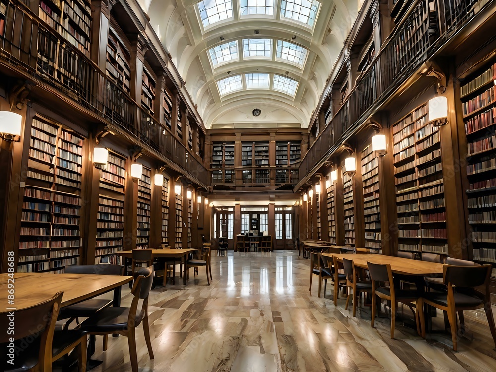Fototapeta premium A large and luxurious library with tables and chairs with a large fireplace in the center