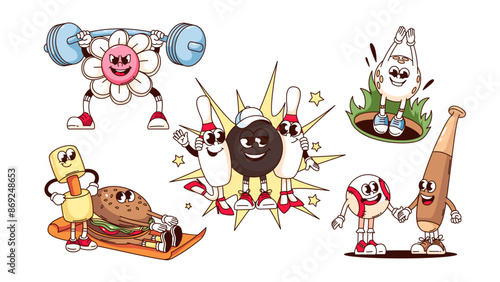 Groovy sport equipment cartoon characters set. Funny retro balls of golf, bowling and baseball with bat, sport training mascot, cartoon stickers collection of 70s 80s style vector illustration