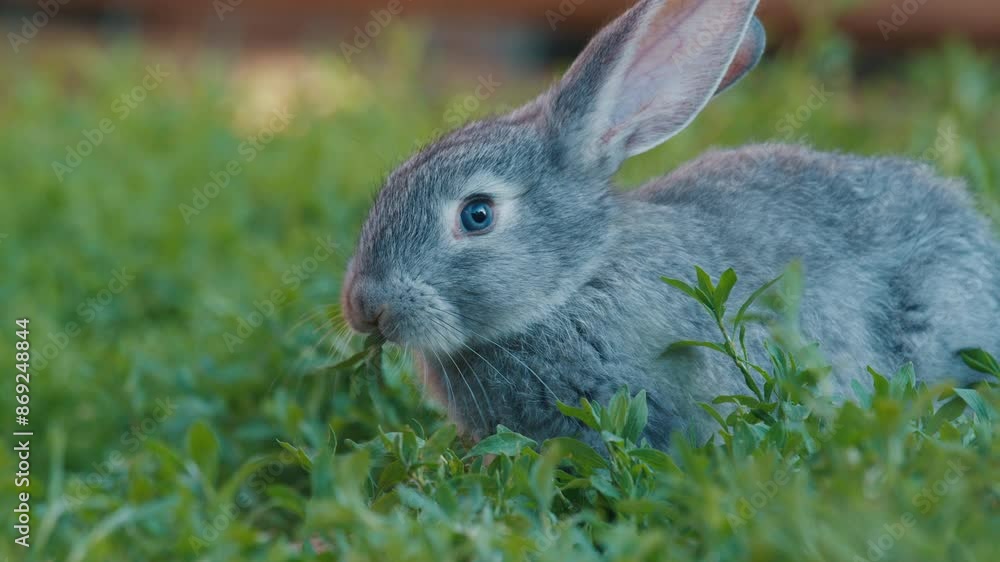 Rabbit walks on the lawn in the garden and eats the green lush grass Rabbit walks on the lawn in the garden and eats the green lush grass