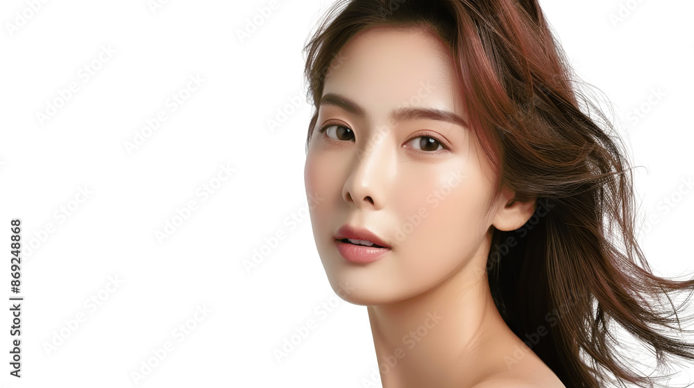 Fototapeta premium A beautiful young woman with long brown hair looks directly at the camera with a soft smile. Her skin is flawless and her eyes are bright. She appears to be wearing light makeup.