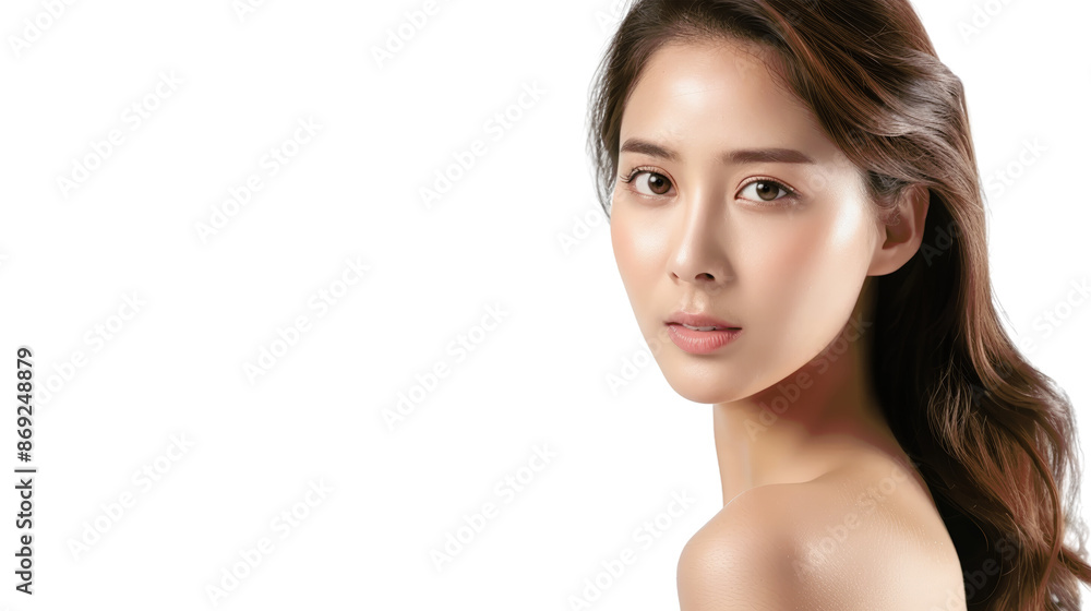 Obraz premium A beautiful young woman with long brown hair looks directly at the camera with a soft, subtle smile. Her skin is flawless and glowing.