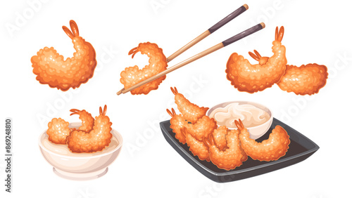 Shrimp crispy tempura cartoon set. Wooden chopsticks holding cutlet, tempura prawns in cup of mayo sauce and plate for eating, cartoon two and single deep fried headless shrimp vector illustration