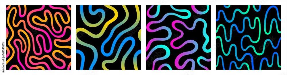 Obraz premium Groovy funky twisted lines, curved wiggling stripes square vector backgrounds set. Liquid chaotic ornaments, colorful gradient waves patterns collection. Doodle, uneven hand drawn wavy winding lines