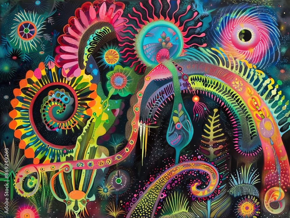 Psychedelic patterns and abstract forms with bright, eyecatching colors, Lowbrow Art, Visually stimulating and mindbending designs Psychedelic patterns and abstract forms with bright, eyecatching colors, Lowbrow Art, Visually stimulating and mindbending designs