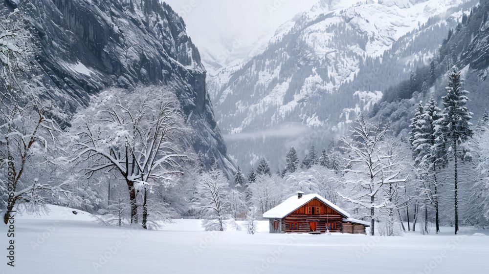 A glacial valley blanketed in snow with a cozy wooden cabin nestled in the trees A glacial valley blanketed in snow with a cozy wooden cabin nestled in the trees