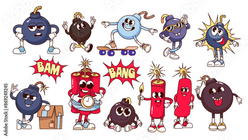 Groovy bomb and TNT sticks cartoon characters, typography stickers set. Funny retro personages walking and pointing on time, cartoon bomb explosion mascots of 70s 80s style vector illustration