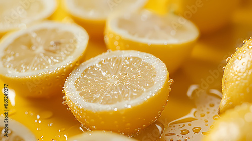 Close-up of a lemon with water drops and splashes visible around it