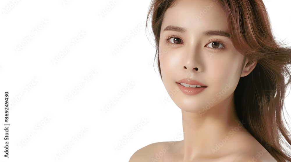 A beautiful woman with long brown hair and flawless skin smiles softly at the camera. Her face is illuminated, highlighting her natural beauty. A beautiful woman with long brown hair and flawless skin smiles softly at the camera. Her face is illuminated, highlighting her natural beauty.