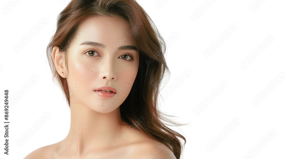 Obraz premium A beautiful woman with long brown hair and flawless skin looks directly at the camera.