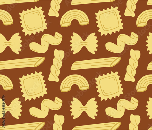 Seamless pattern with different pasta types on brown background. Vector cartoon backdrop in flat style.	