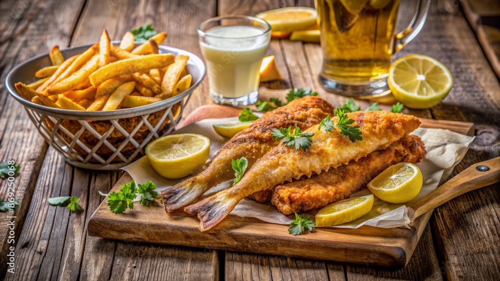 Crispy Fried Fish And Chips With Lemon And Parsley On A Wooden Table Crispy Fried Fish And Chips With Lemon And Parsley On A Wooden Table