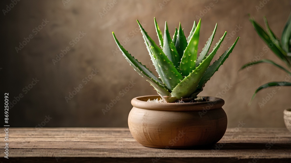 Potted Fresh Aloe Vera Leaves on Wooden Table with Copy Space Potted Fresh Aloe Vera Leaves on Wooden Table with Copy Space