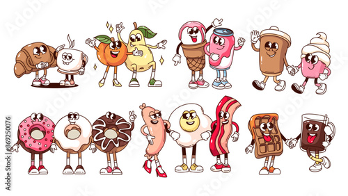 Groovy cartoon food and drink characters friends set. Funny retro morning food, takeaway snacks and beverages mascots. Cartoon cute happy desserts stickers of 70s 80s style vector illustration