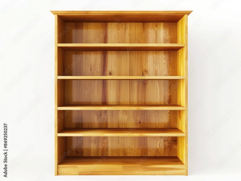 A simple wooden bookshelf with five shelves and a natural wood finish, providing ample storage space, isolated on a pure white background. A simple wooden bookshelf with five shelves and a natural wood finish, providing ample storage space, isolated on a pure white background.