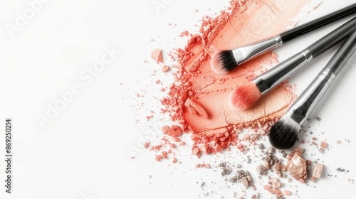 Makeup brushes with blusher and eyeshadow sample on white background photography --ar 25:14 Job ID: f7d61194-cf7c-4e21-bebb-7c10b5cf10c7 photo