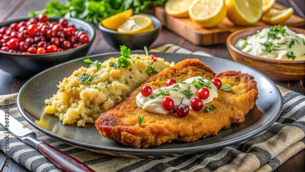 Traditional German Dish JÃ¤gerschnitzel With Cranberry Sauce And Parsley