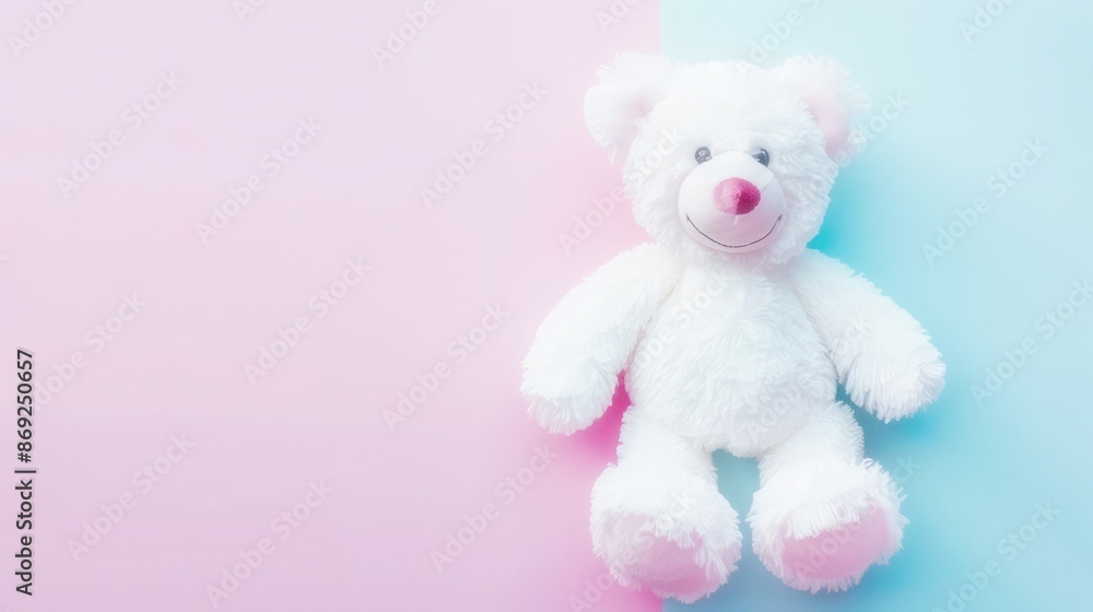 Smiling white teddy bear on light pink blue table background. Pastel color. Closeup. Kids best friend. Top down view. photography Smiling white teddy bear on light pink blue table background. Pastel color. Closeup. Kids best friend. Top down view. photography
