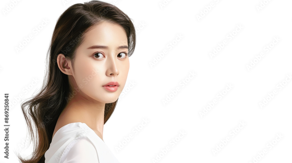 A young woman with long dark hair looks directly at the camera with a neutral expression. She is wearing a white shirt and has minimal makeup. The background is a simple black. A young woman with long dark hair looks directly at the camera with a neutral expression. She is wearing a white shirt and has minimal makeup. The background is a simple black.