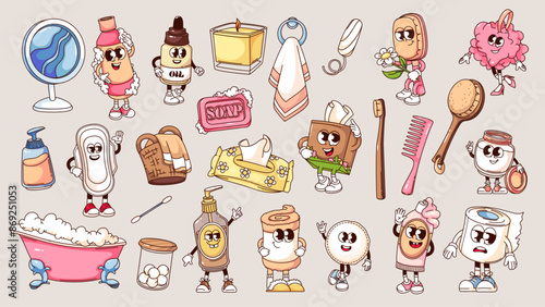 Groovy hygiene cartoon characters and stickers set. Funny retro beauty skin and hair care products and hygiene tools, cartoon mascots and personages collection of 70s 80s style vector illustration
