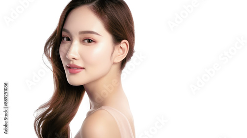 Beautiful woman with long brown hair smiling and looking at the camera.